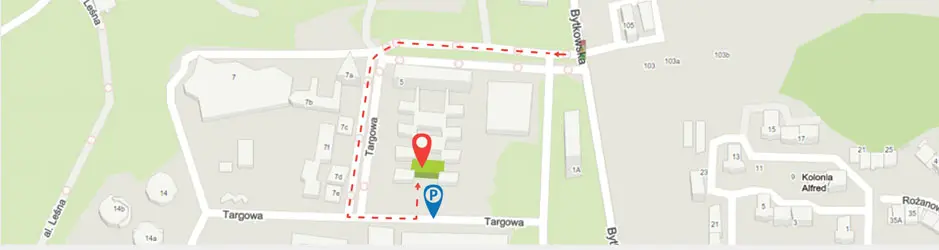 Mapa dojazdu do naszej siedziby. Jadąc ulicą Bytkowską, skręć w lewo na Targową, następnie znowu w lewo i w bramę w lewo.