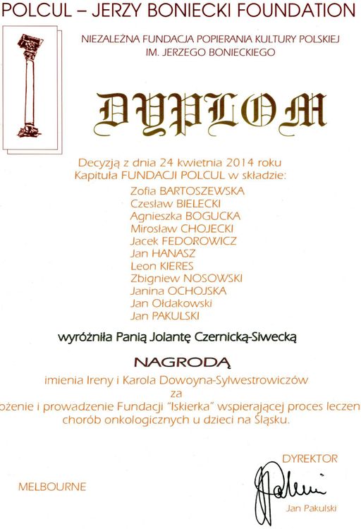 NAGRODA australijskiej Fundacji POLCUL im. Jerzego Bonieckiego 2014